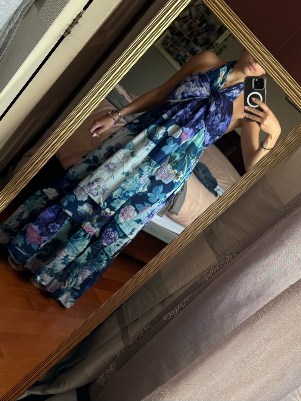Anthropologie Maeve Navy Floral Maxi Dress with Pastel Accents w pockets sz M
